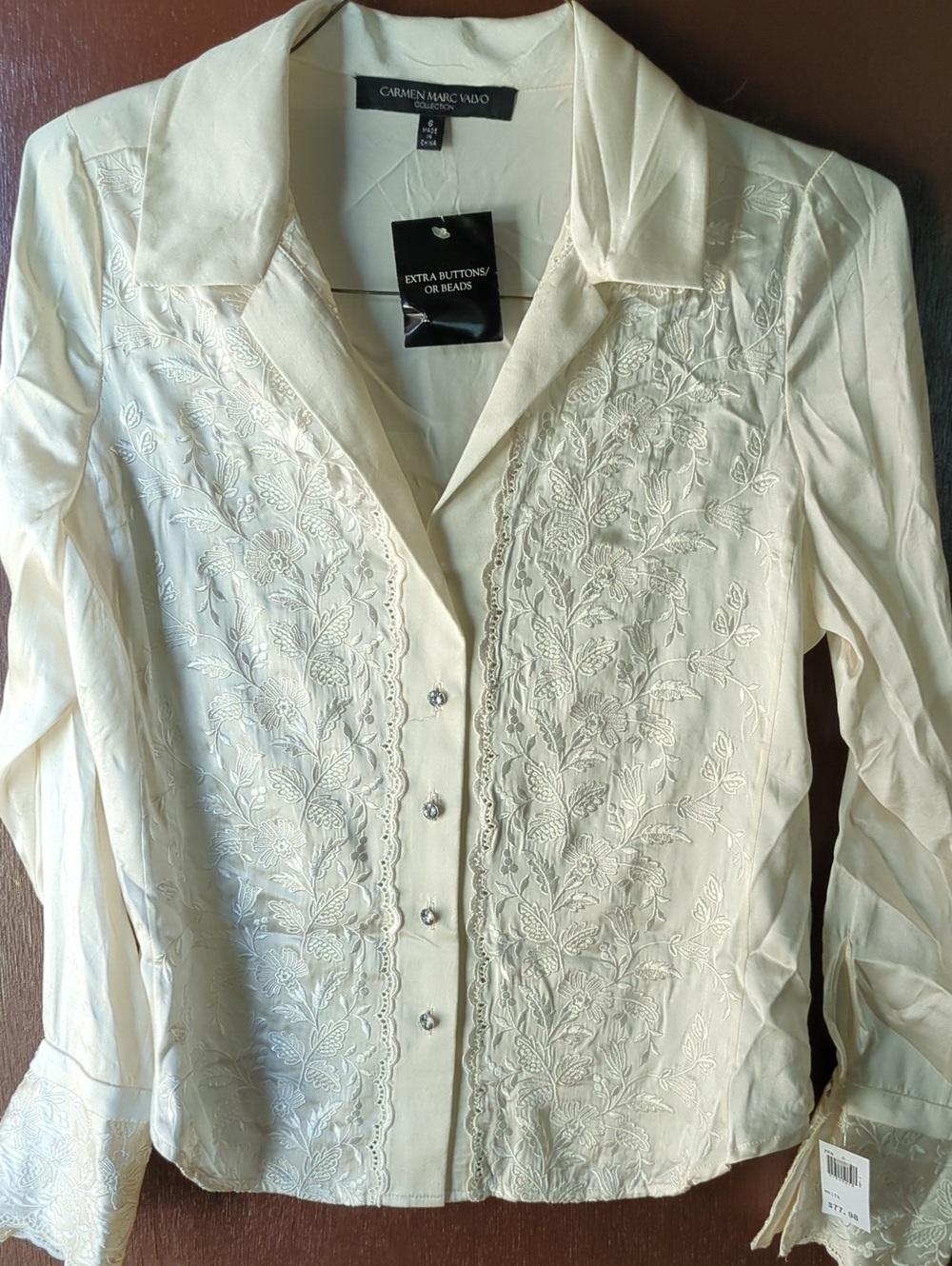 Carmen Marc Valvo Ivory Embroidered Button-Down Blouse Size 6